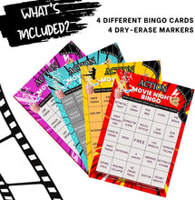 Load image into Gallery viewer, XOXO Parents Movie Night Bingo Cards | Reusable Bingo Cards with Dry-Erase Markers – Family, Romantic, Action & Multi-Theme