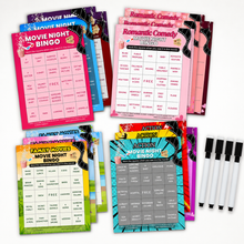 Load image into Gallery viewer, XOXO Parents Movie Night Bingo Cards | Reusable Bingo Cards with Dry-Erase Markers – Family, Romantic, Action & Multi-Theme