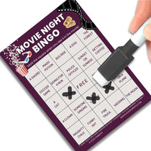 Load image into Gallery viewer, Movie Night Co. Movie Night Bingo Cards 20 Pack - Reusable Family Game Set with Dry Erase Markers for Parties, Classrooms and Events - XOXO Parents