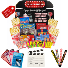 Load image into Gallery viewer, Movie Night Gift Basket – 42-Piece Gift Box with Popcorn, Candy, Snacks & Bingo – Birthdays, Date Night, Family, Kids, Adults, Mom, Dad, Teens, Christmas, Mothers Day, Fathers Day, Raffle & Fundraiser - XOXO Parents
