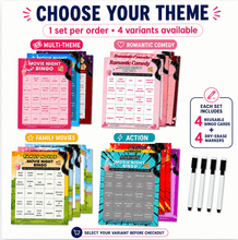 Load image into Gallery viewer, XOXO Parents Movie Night Bingo Cards | Reusable Bingo Cards with Dry-Erase Markers – Family, Romantic, Action & Multi-Theme - XOXO Parents