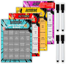 Load image into Gallery viewer, XOXO Parents Movie Night Bingo Cards | Reusable Bingo Cards with Dry-Erase Markers – Family, Romantic, Action &amp; Multi-Theme

