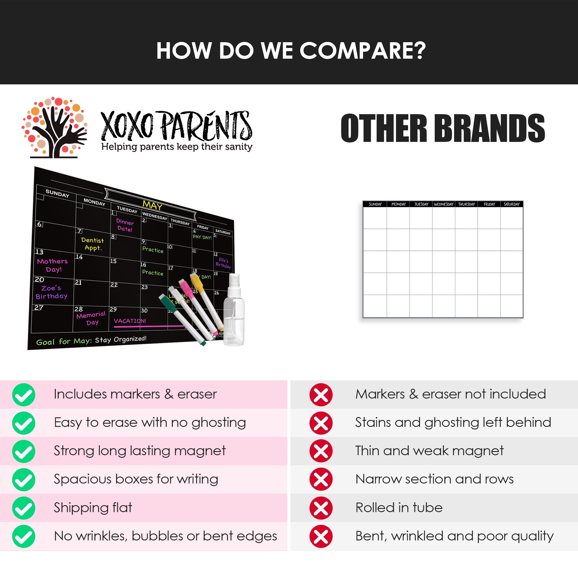 Dry Erase Magnet Calendar for Fridge - Black - XOXO Parents