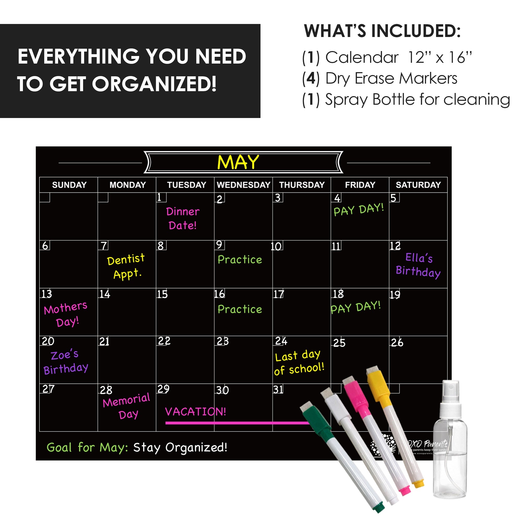 Dry Erase Magnet Calendar for Fridge - Black - XOXO Parents